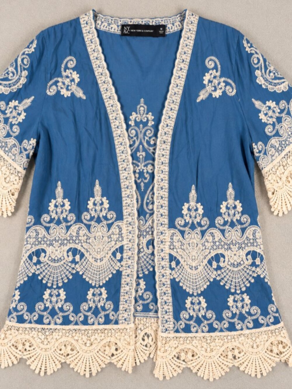 NY & Company Blue Embroidered Lace Boho Kimono Cardigan M